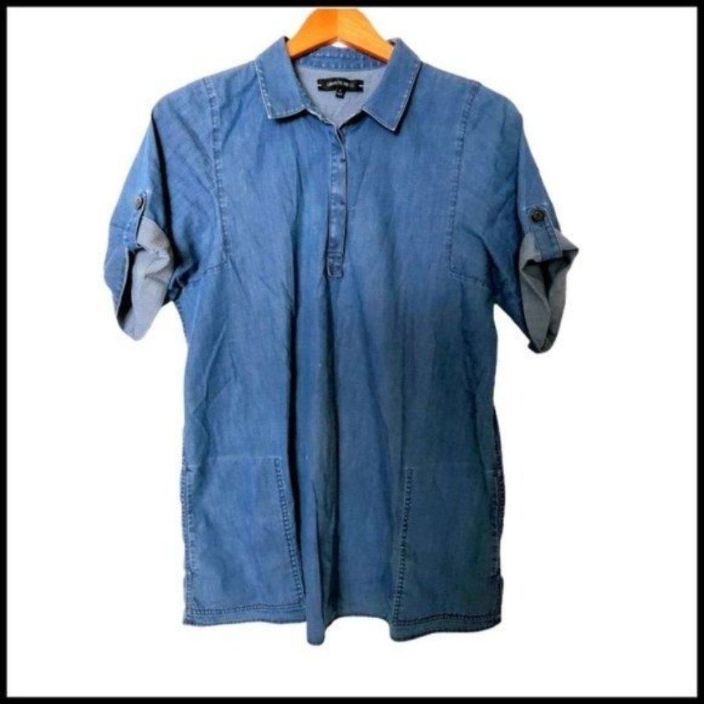 LAFAYETTE 148 Chambray Short Sleeve Tunic Top Pockets S Small